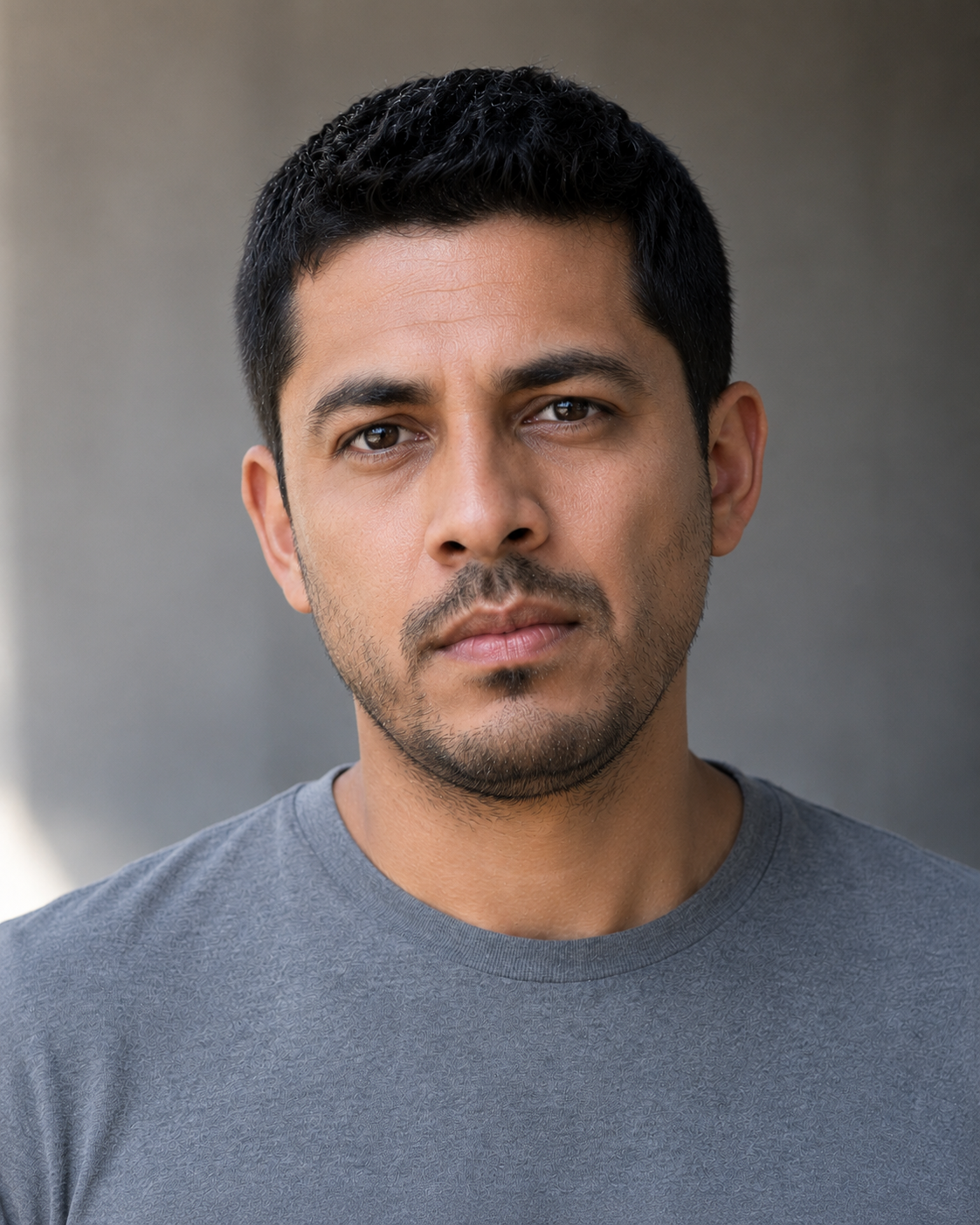 The SAME actor, same day, same wardrobe, same minute, moved into open shade — the shadow side of a building or under a canopy, with open sky in front of them. Soft even wrap, wide catchlight from the open sky sitting high in the eye, no squint, eyes fully open and readable. Background thrown well back and reduced to a soft unreadable tone. Matched crop and expression.