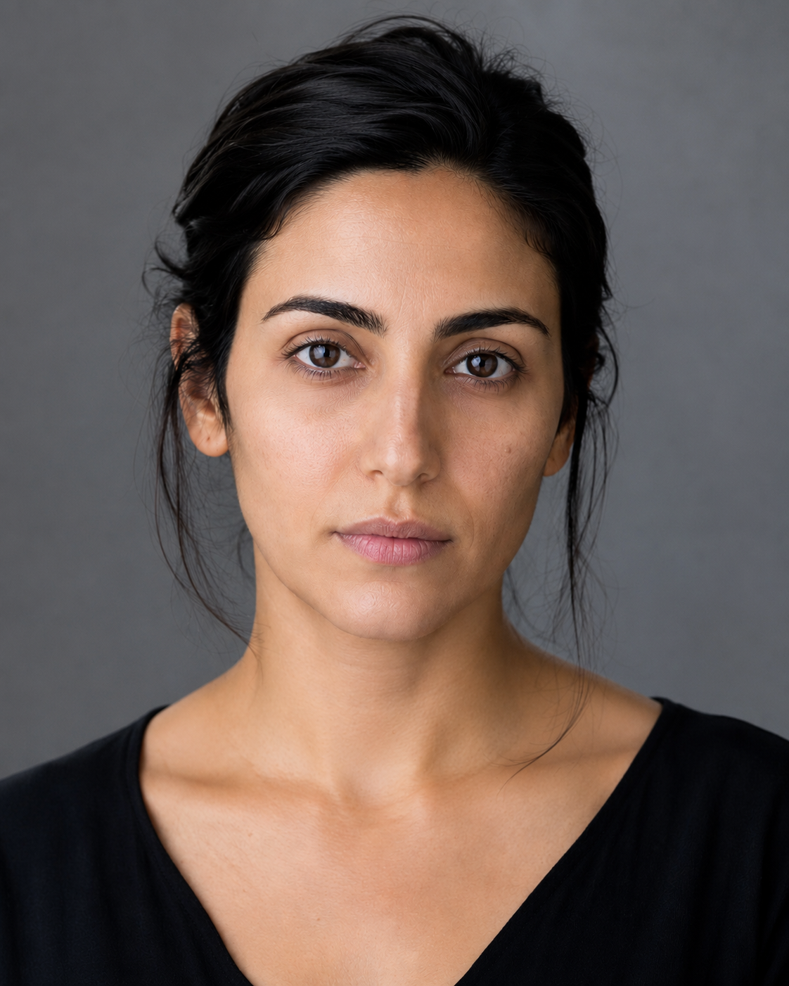 Same actor, same session, same light — camera-ready: shine controlled on T-zone only, brows tidied, eyes opened. Near-identical at a glance.