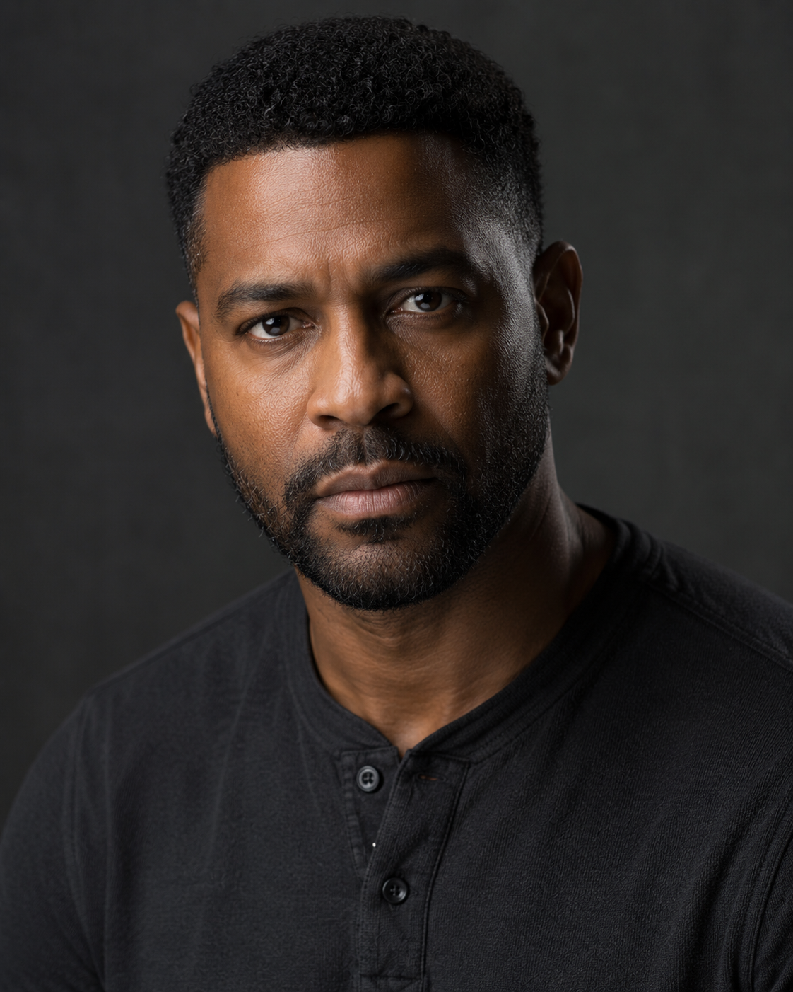 The SAME actor, same session, ideally the same or a near-identical top, so wardrobe is removed as a variable. Expression: settled, direct, holding a thought — not scowling and not blank. Light slightly more directional with a deeper shadow side; background a touch darker. The reader’s takeaway must be that the change happened behind the eyes, not in the outfit.