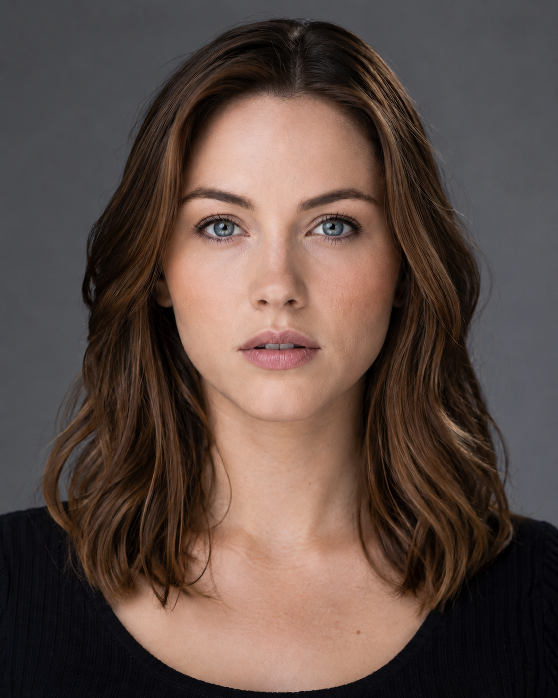 The SAME actor, same frame, same light, same second of the session, now performing the squinch: lower eyelid raised, upper lid barely moved, distance between lower lid and pupil visibly reduced. Reads as settled, confident, present. The change must be genuinely small — if it looks like a squint, it is wrong and must be reshot. Consider a subtle inset detail crop of the lower lid on each side.