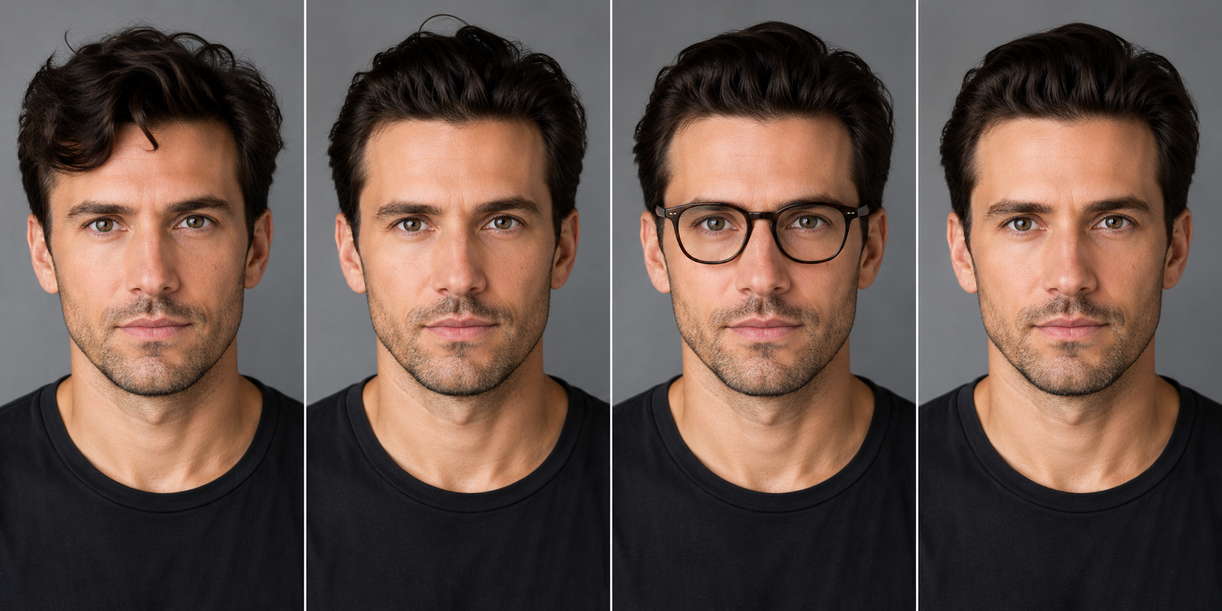 Same hour, same photographer, no extra cost — hair, glasses, and grooming variations captured in a single session.