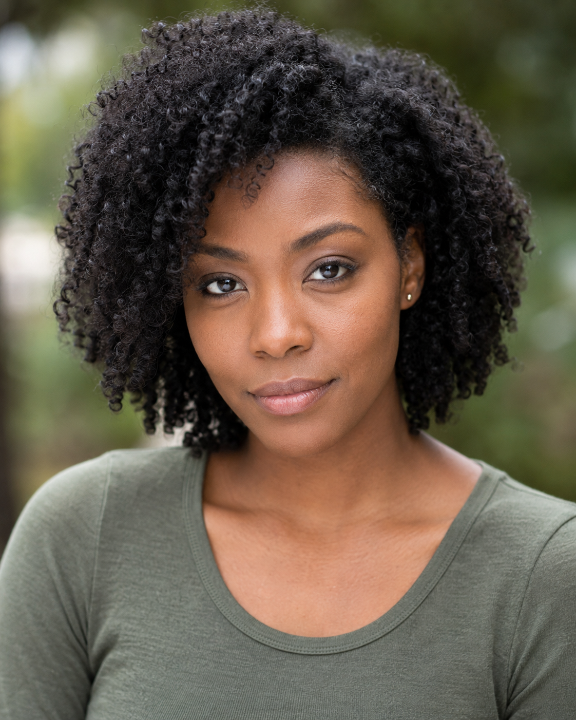 Same actor, same session, same wardrobe, shot in open shade outdoors (doorway, north-facing wall, or under foliage). Background thrown well out of focus into a soft even tone with no readable detail. Catchlight from the open sky, large and soft, upper half of the eye. Matched crop and matched expression so the ONLY variable the reader sees is the light source.
