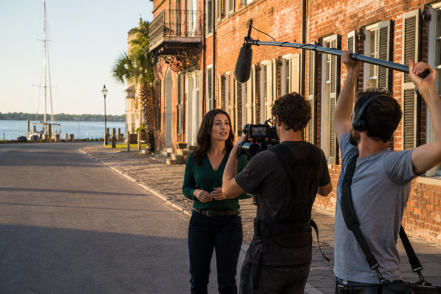 A film crew shooting on a brick riverfront street in Wilmington