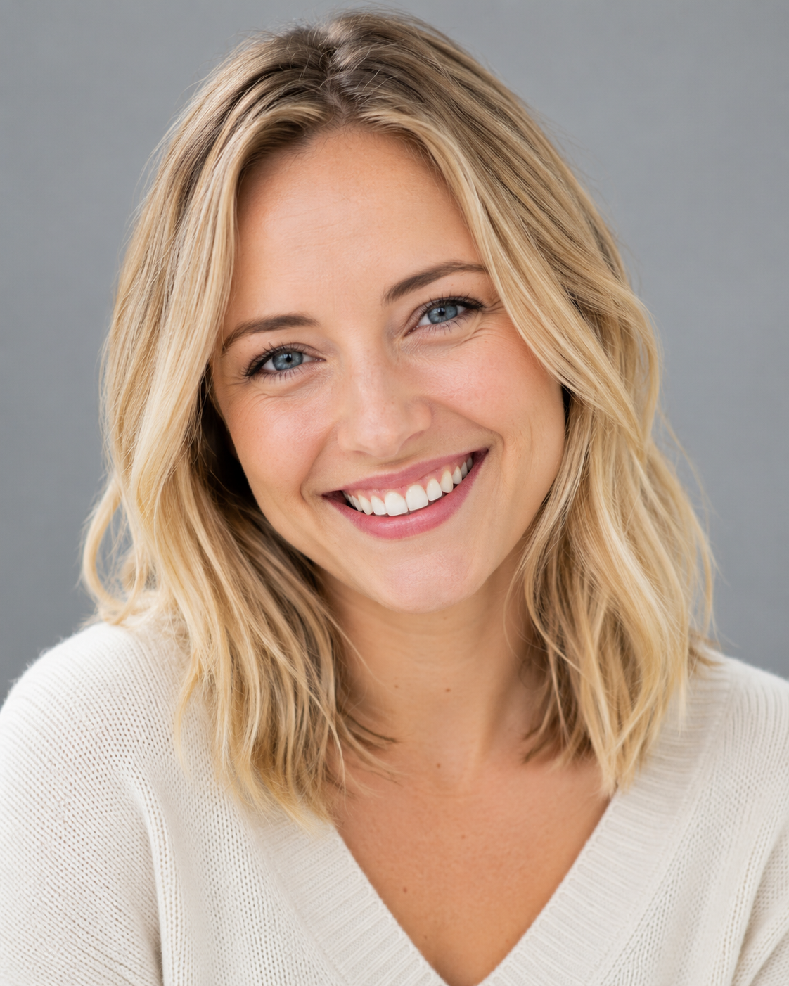 Real headshot the site owns. Warm, open, approachable — a genuine smile that reaches the eyes (lower lid raised, crow’s feet present), slight lean toward the lens, brighter overall exposure, background a touch lighter. Wardrobe: mid-saturation, friendly, unremarkable. Must NOT look like a stock photo; the smile must be earned, not plastered on.
