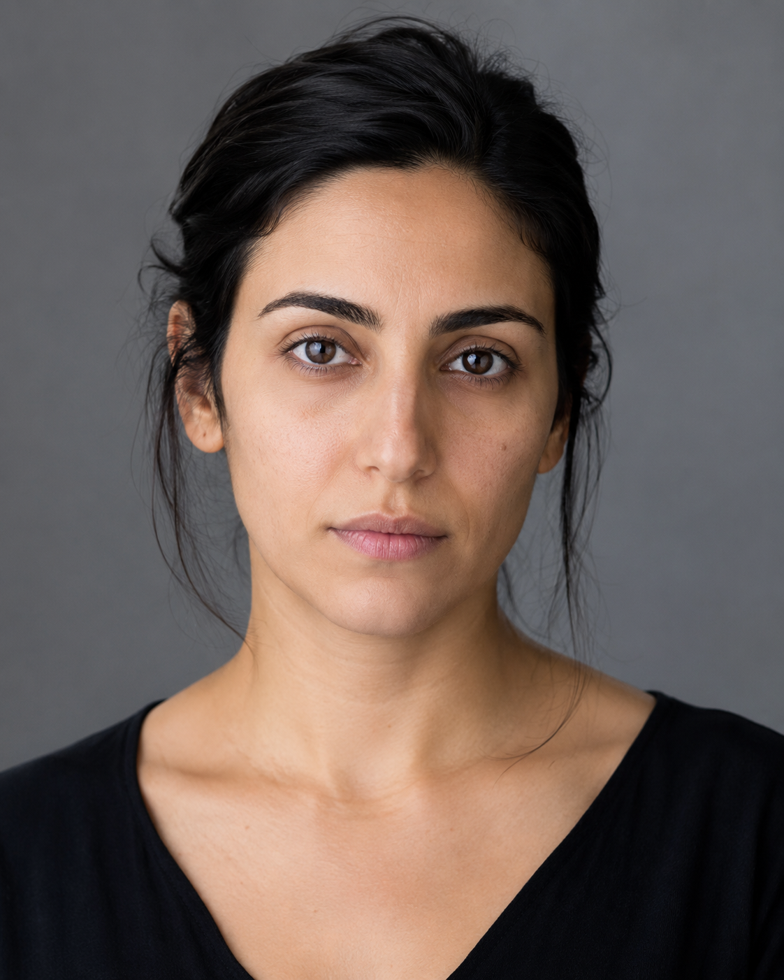 Real actor with no makeup and hair as worn on an ordinary day. Plain, honest, well-lit face.
