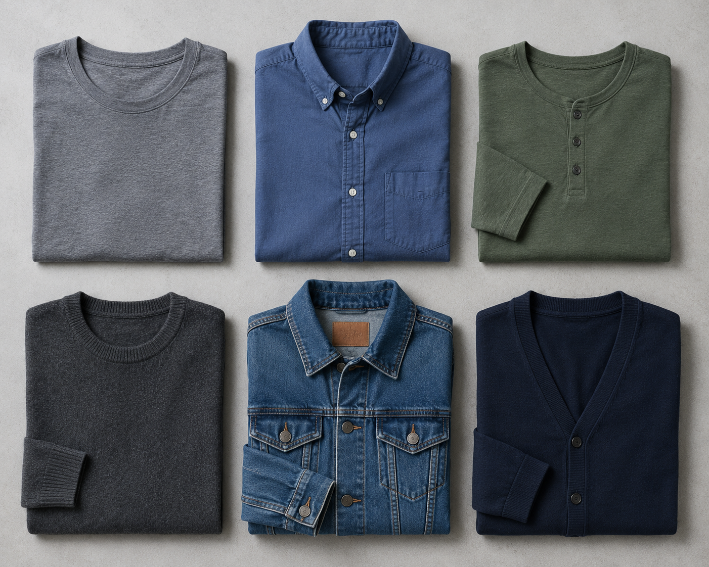 Flatlay of six folded wardrobe pieces on a neutral concrete surface: heather grey tee, indigo button-down oxford, olive henley, charcoal knit crewneck, mid-wash denim jacket, navy cardigan. Six archetypes, zero costumes.