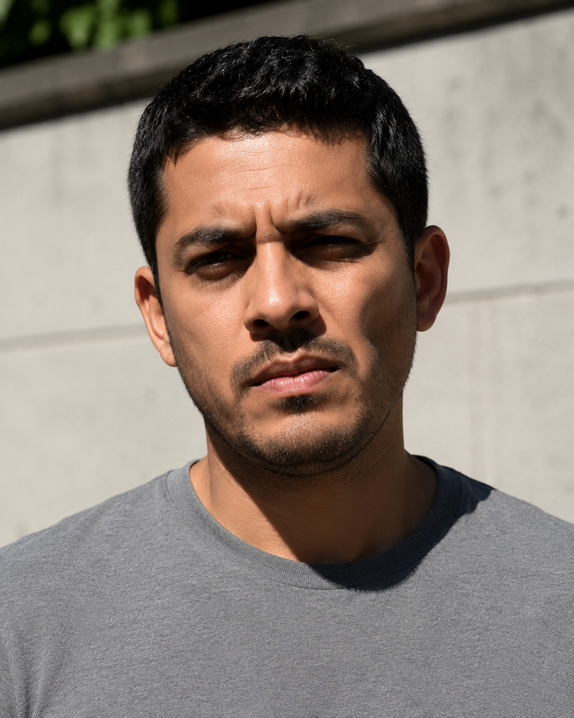 Real actor (site-owned), shot in direct midday sun. All three failures must be clearly visible: black shadows filling the eye sockets with no catchlight, a hard-edged nose shadow across the cheek, and a genuine involuntary squint. Otherwise well composed and correctly cropped, so the reader blames the light and only the light.