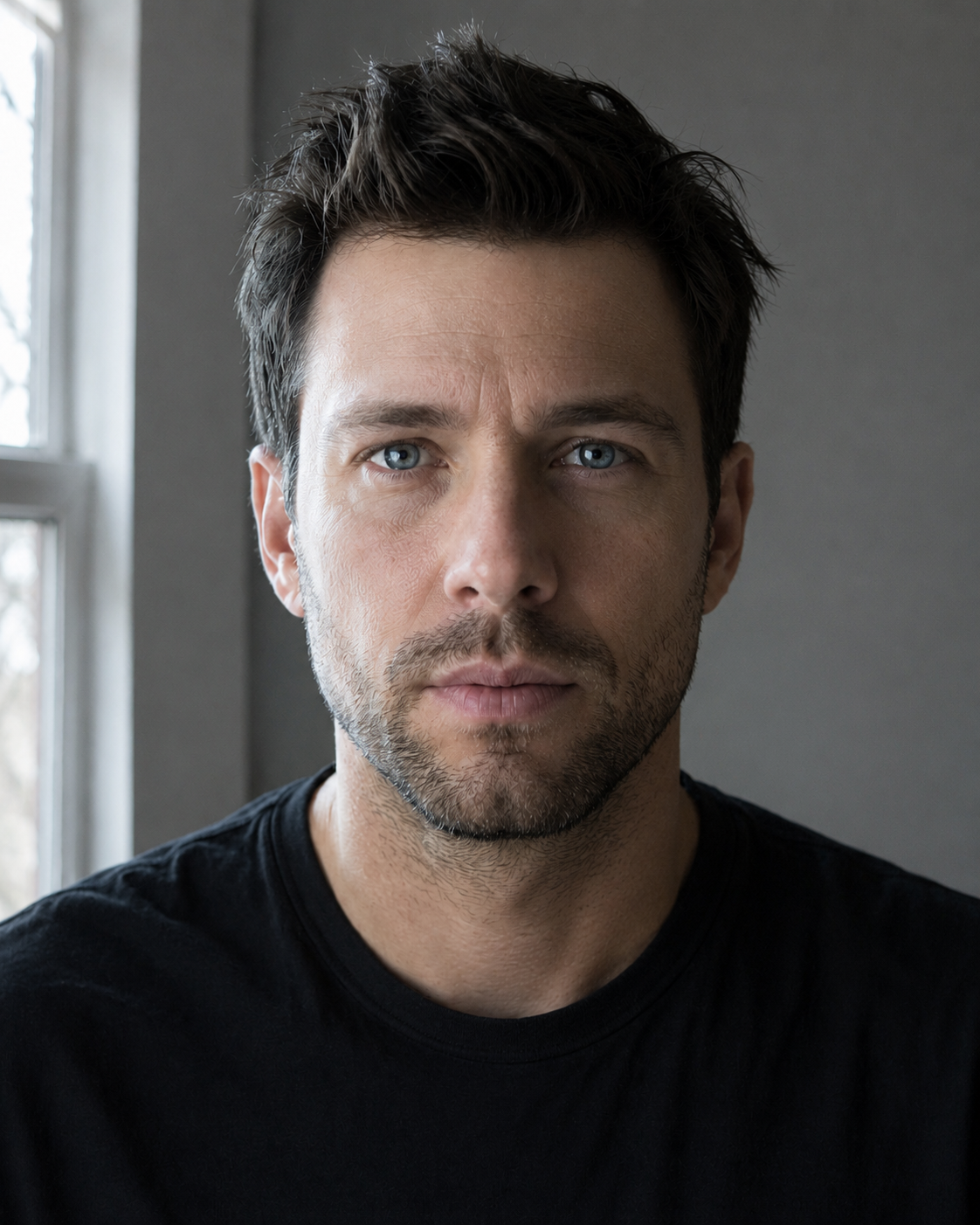 The SAME actor, same window, same second of the session, with every other light in the room switched off. Single colour temperature, clean neutral skin, clear shadow side with shape. Match the crop and expression exactly so the only variable in the pair is the ceiling light. Caption tag should make clear this fix costs zero and takes one second.