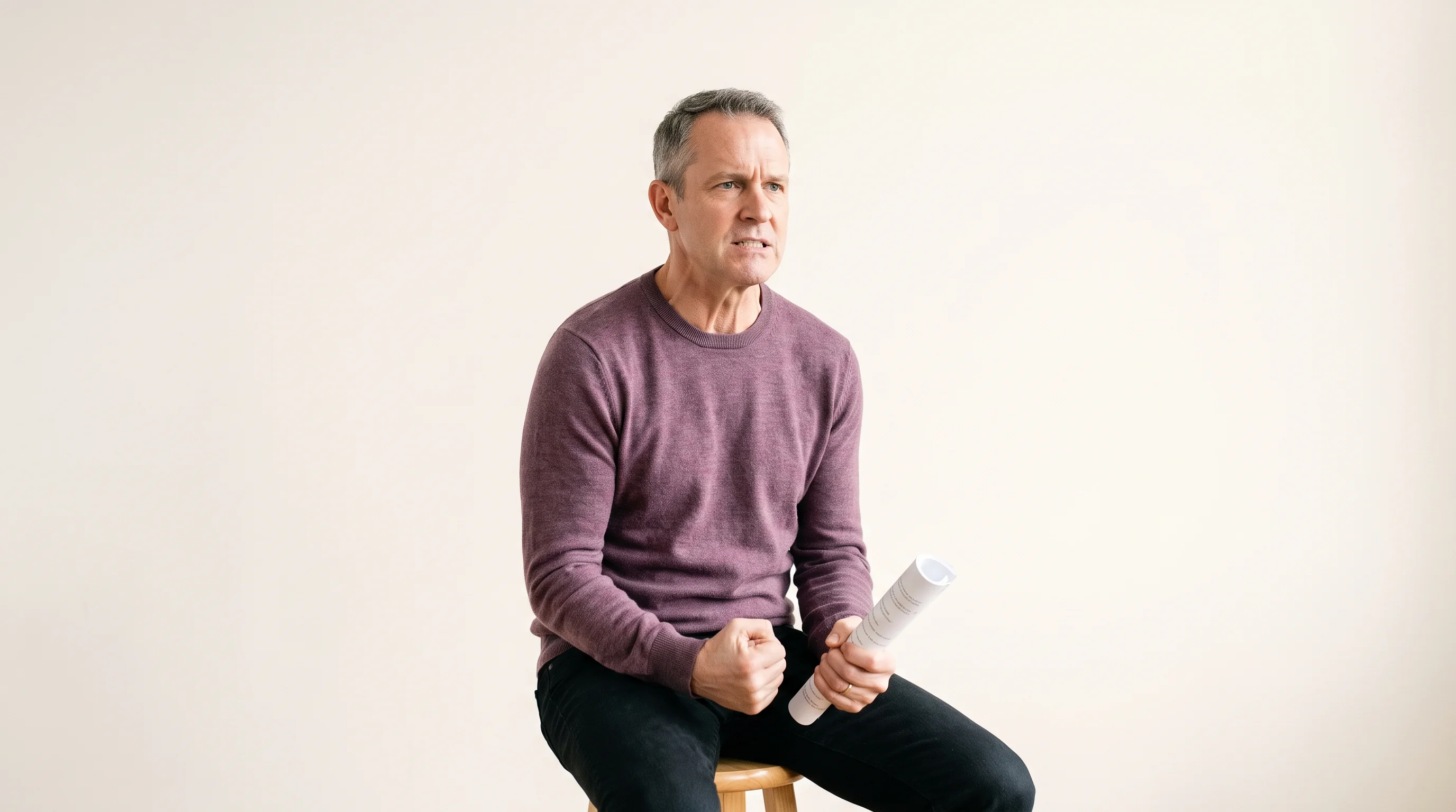An actor sitting with raised shoulders and a clenched jaw, gripping a script