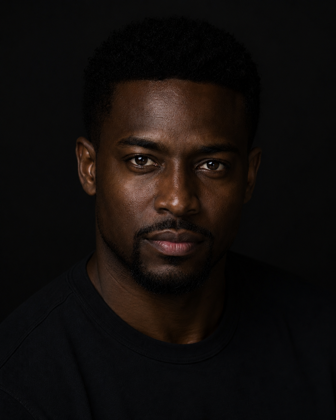 Face correctly exposed on a dark background but hair and shoulder merge into it