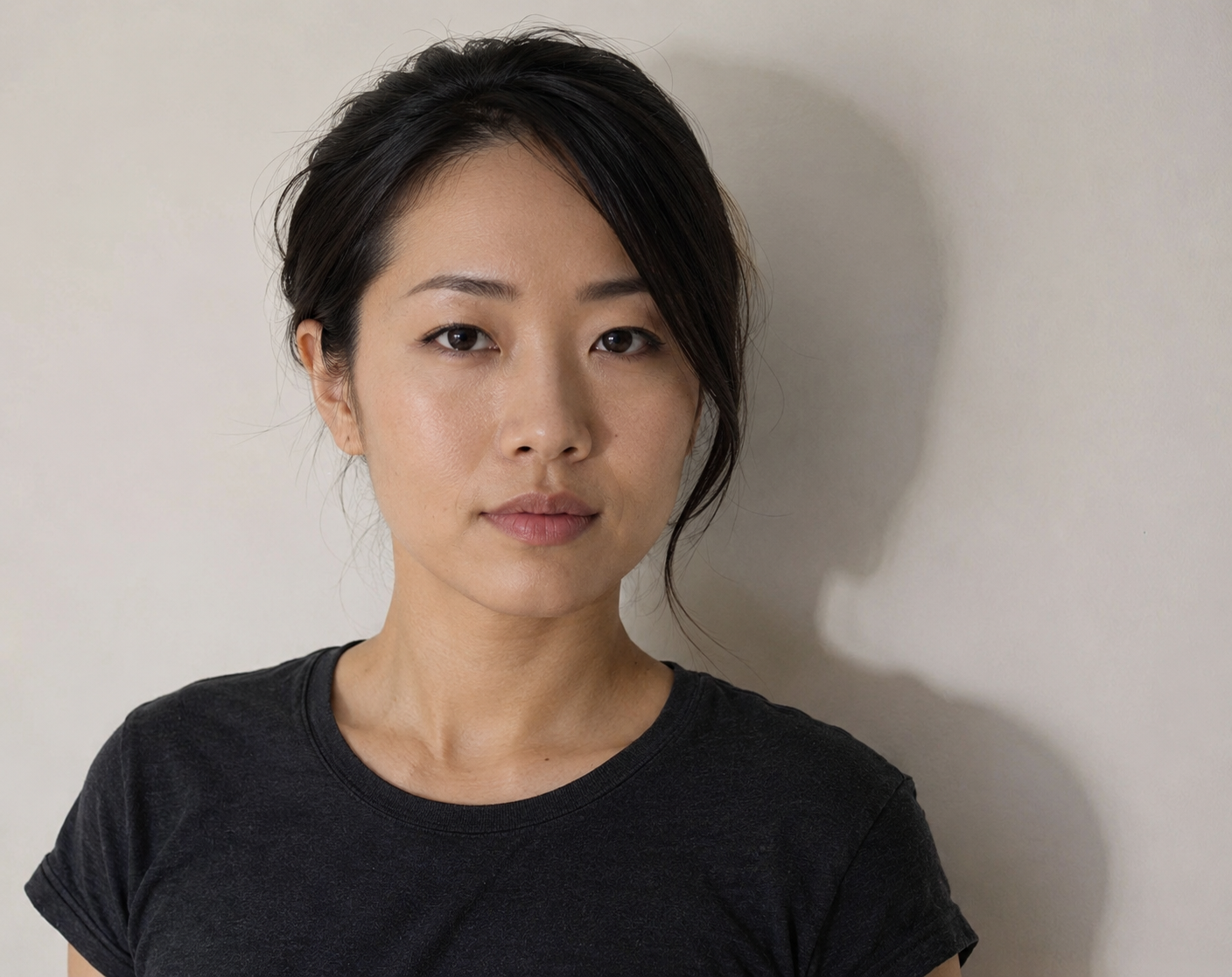 Real actor (site-owned), standing with their back almost touching a plain wall. Result: a hard, ugly, cast shadow of the head and shoulders printed onto the wall right beside the face; zero depth; background tone identical to subject tone so the silhouette mushes. Same light, same crop as its pair.
