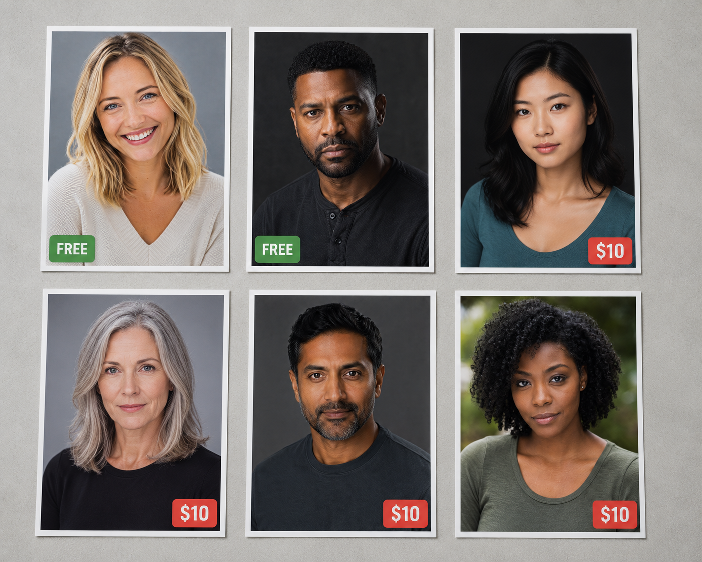 A simple, clean cost diagram, no photography. Two columns. LEFT: “What a 6-look session gives you” — six photo icons. RIGHT: “What you can post free on Actors Access” — two of those icons in solid colour, the remaining four greyed out with a small $10 tag on each, and a footnote line: “and $10 again to replace.” Below, a single arithmetic line: 6 looks shot → 2 free → 4 x $10 to post. Keep it typographic and unfussy. Cite the source in small type: Breakdown Services help centre, updated Feb 2025.