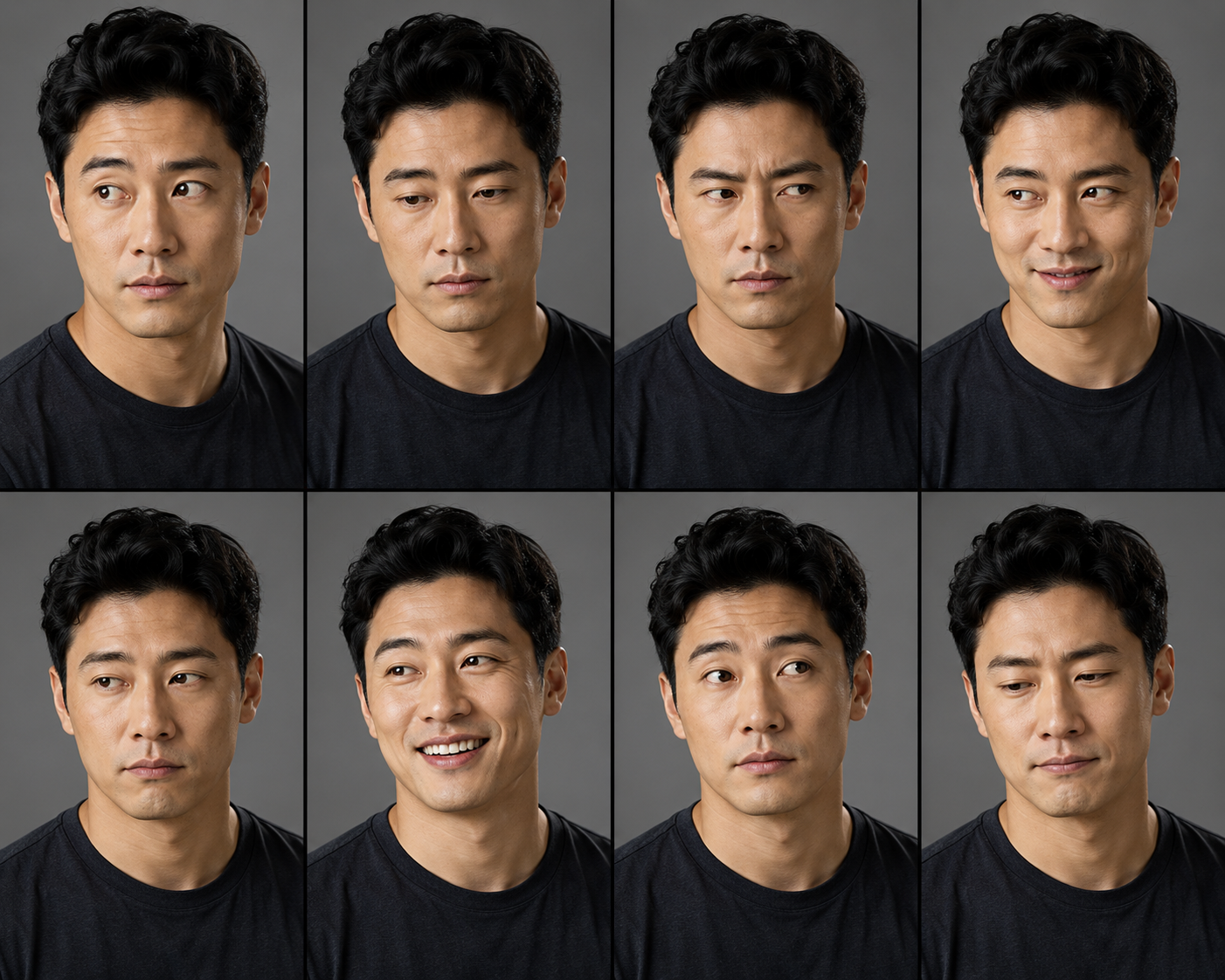 Eight frames of the same actor, same light, same wardrobe, eight different thoughts behind the eyes.