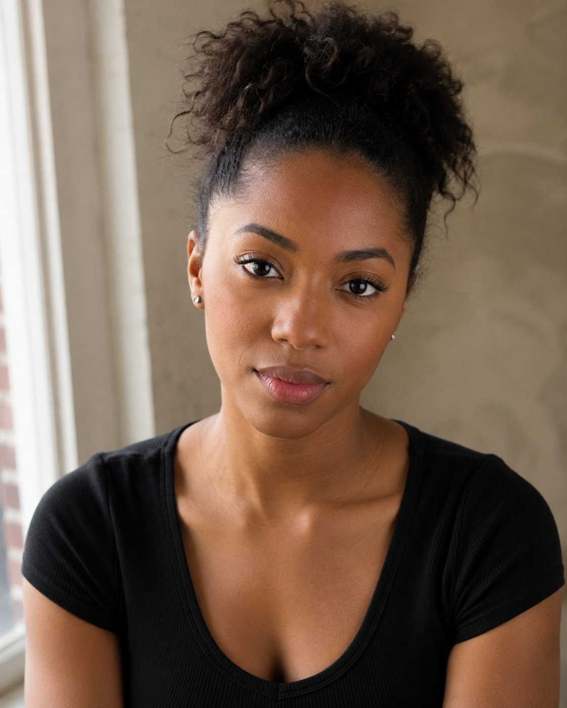 A genuinely good headshot shot on the DIY rig described in this chapter — window, bounce, friend, phone or entry camera on a stack of books. Real actor the site owns. It must be honestly good: clear catchlight, real expression, clean separation. It should also be honestly a DIY frame — slightly less refined falloff, slightly less perfect background gradation. Do NOT flatter it and do NOT sabotage it. Shoot it for real.