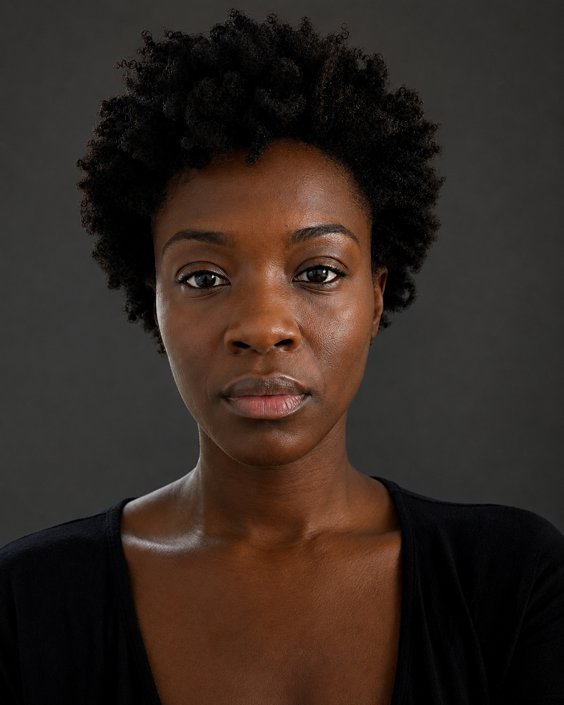 The SAME actor, same light source, same crop, but the background is now controlled — subject moved away from the hot window, wall kept out of the key light, exposure set on the FACE. Skin correctly rendered with its own tone and sheen; background falls to a clean mid or dark tone with no clipping; clear catchlights; visible separation at the hairline. Match crop and expression exactly.