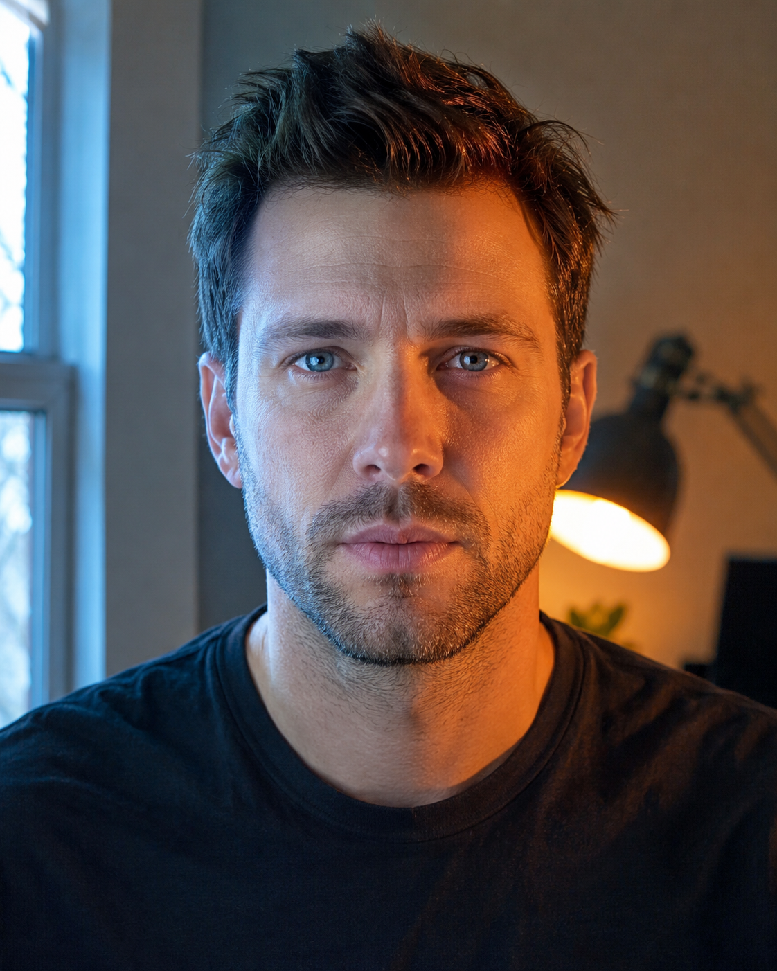 Real setup, real actor (site-owned) OR an AI face if a real actor is unavailable — but this failure is easiest to shoot for real. Daylight from the window on one side, a warm tungsten ceiling bulb or lamp still burning on the other. The result: one side of the face cool and bluish, the other visibly orange, with the colour split running down the nose. Otherwise identical framing to its pair. Do not correct it in post — the whole point is the uncorrected file.