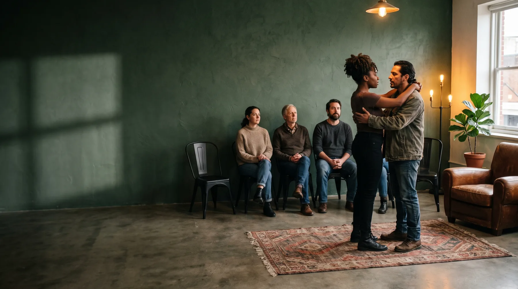 Adult actors performing a scene in a professional acting class