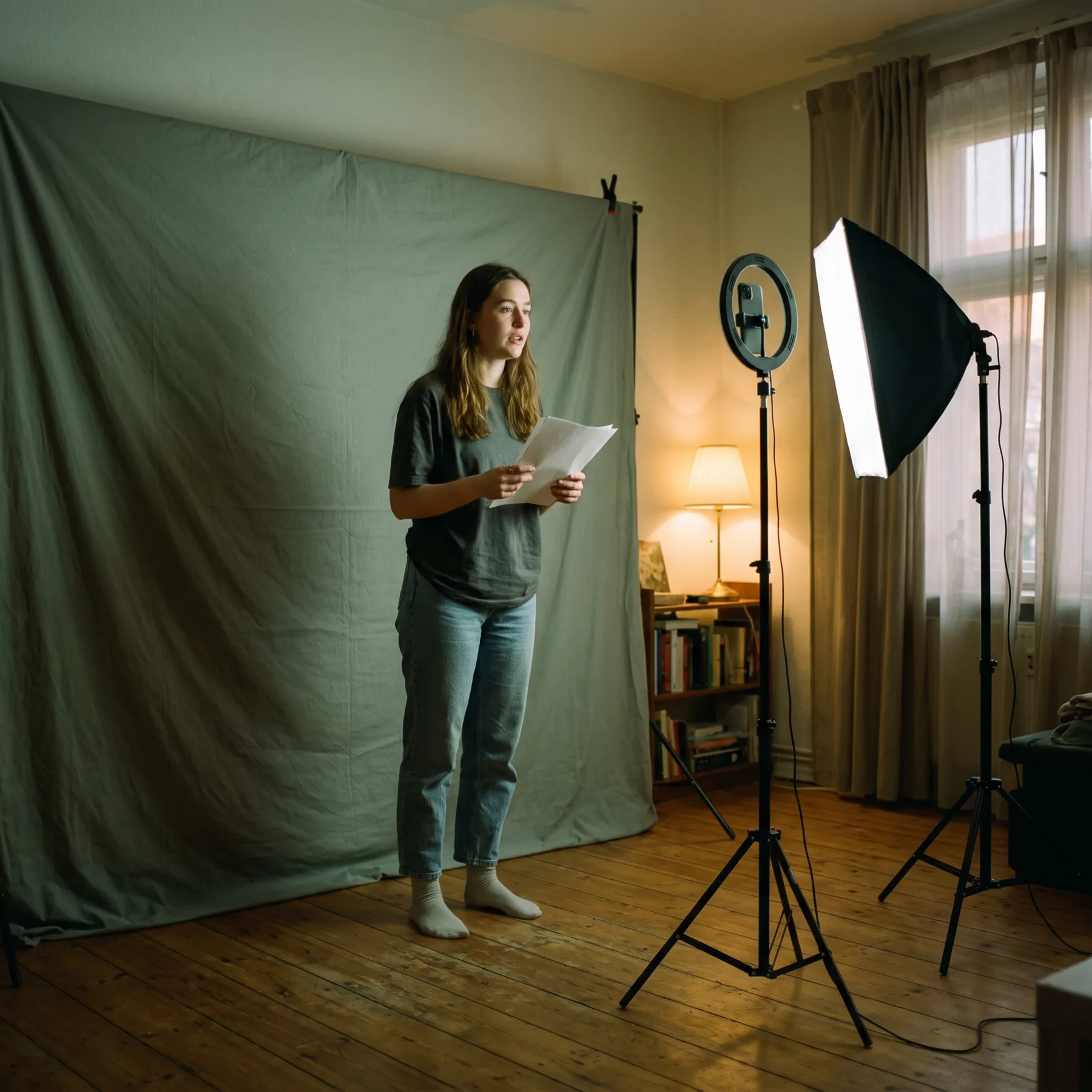 An actor recording a self-tape audition at home