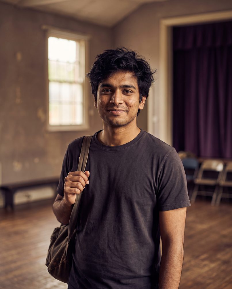 An actor leaving a class, bag over one shoulder, calm and pleased