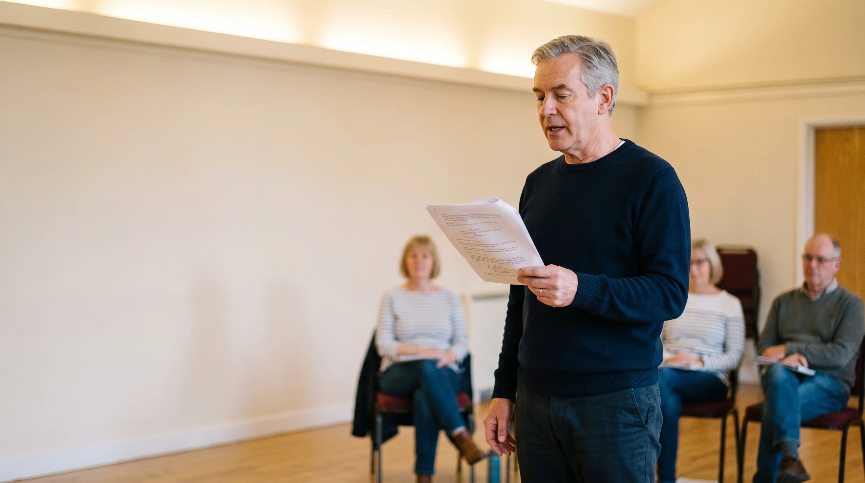 A man in his fifties reading from a script in an adult evening acting class