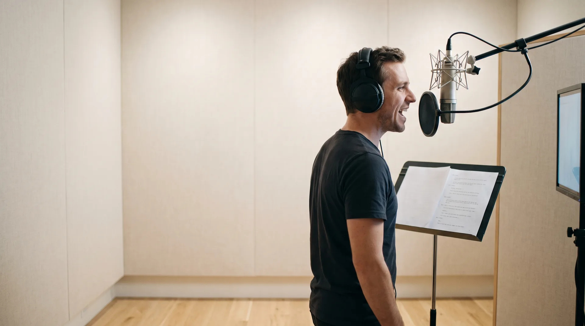 A voice actor at a microphone in a dubbing booth watching a screen just out of frame