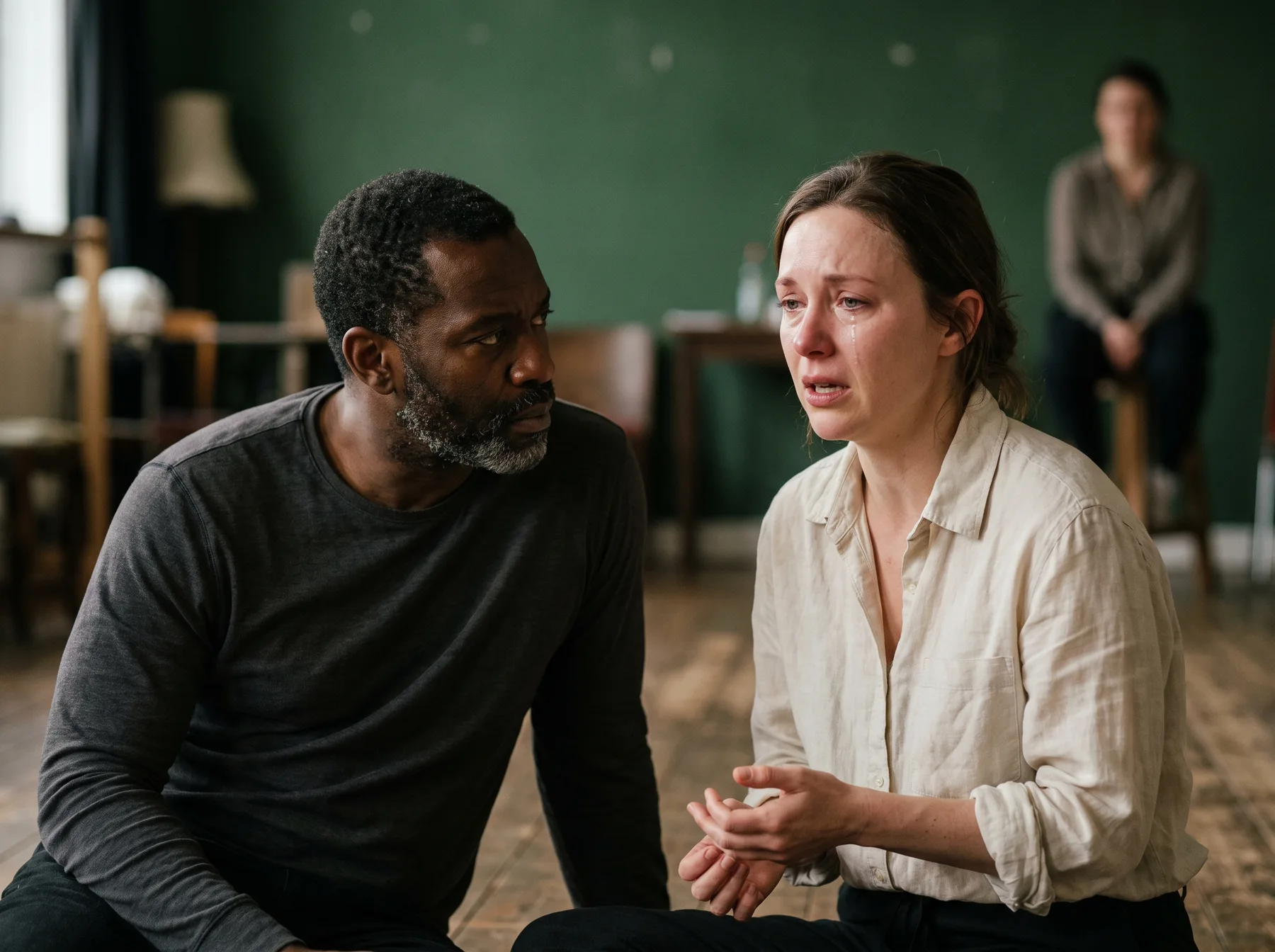 Two actors listening closely during an emotional scene exercise