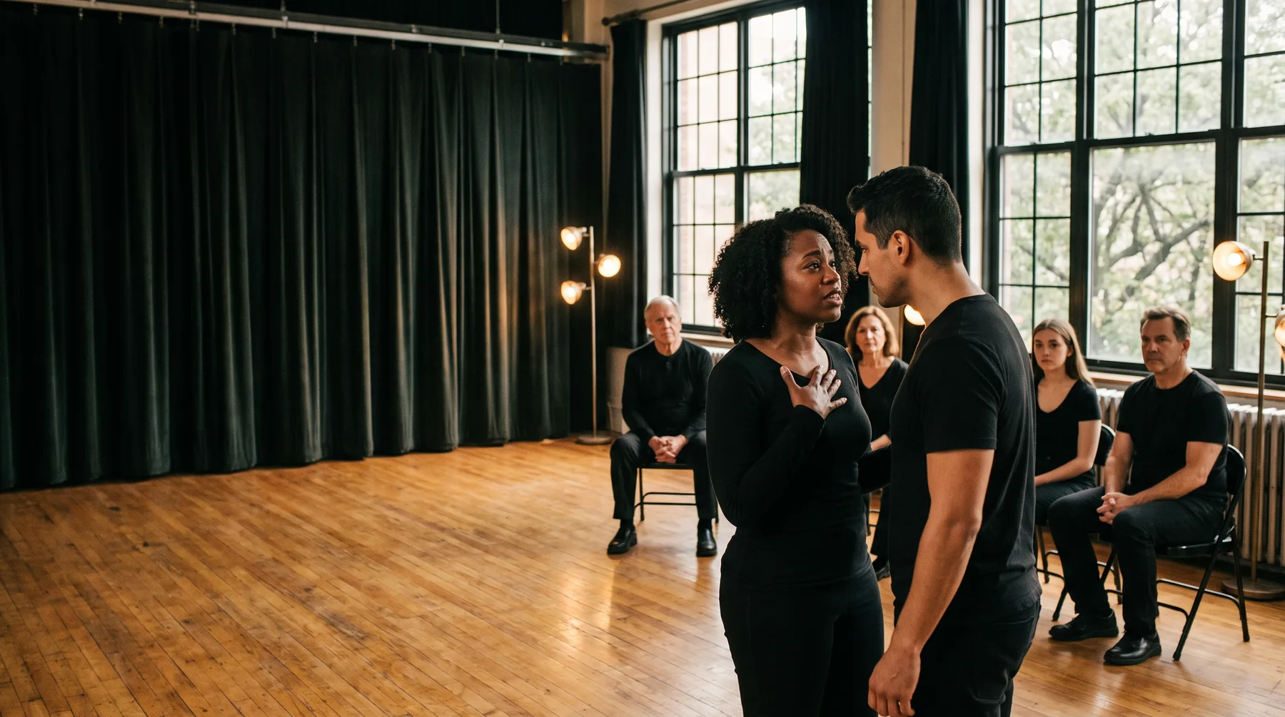A diverse group of actors working on a scene in class