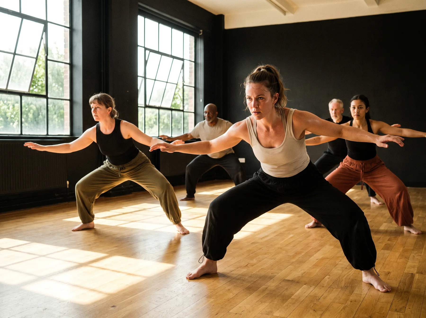 Actors doing disciplined full-body movement training