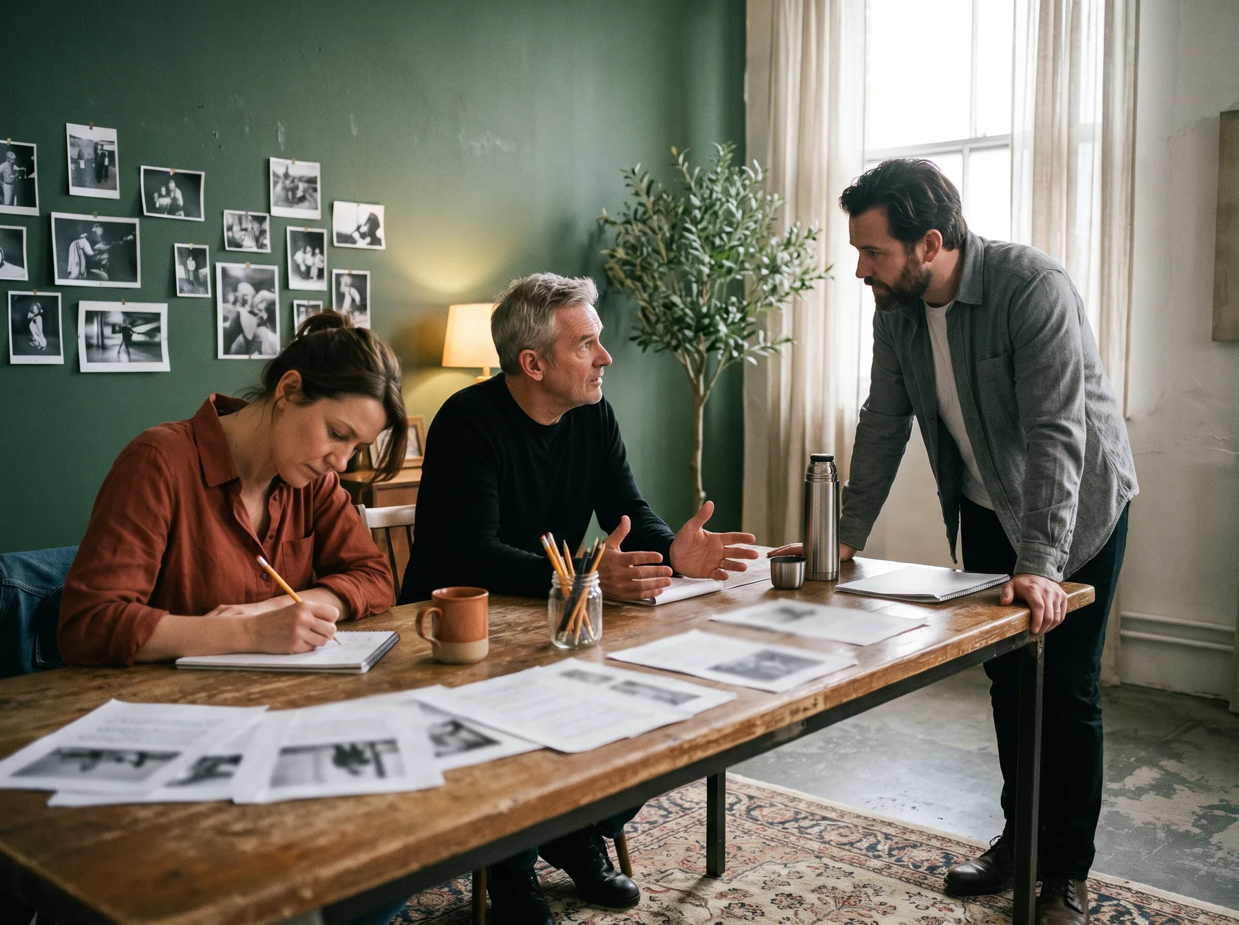 Actors breaking down a scene around a rehearsal table