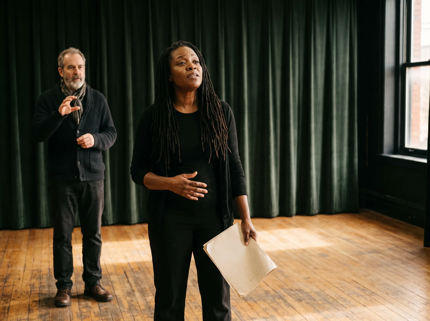 An actor working on breath, voice, and classical text