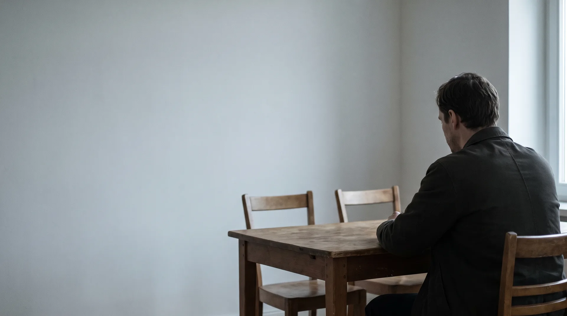 An actor seated at a table facing two empty chairs
