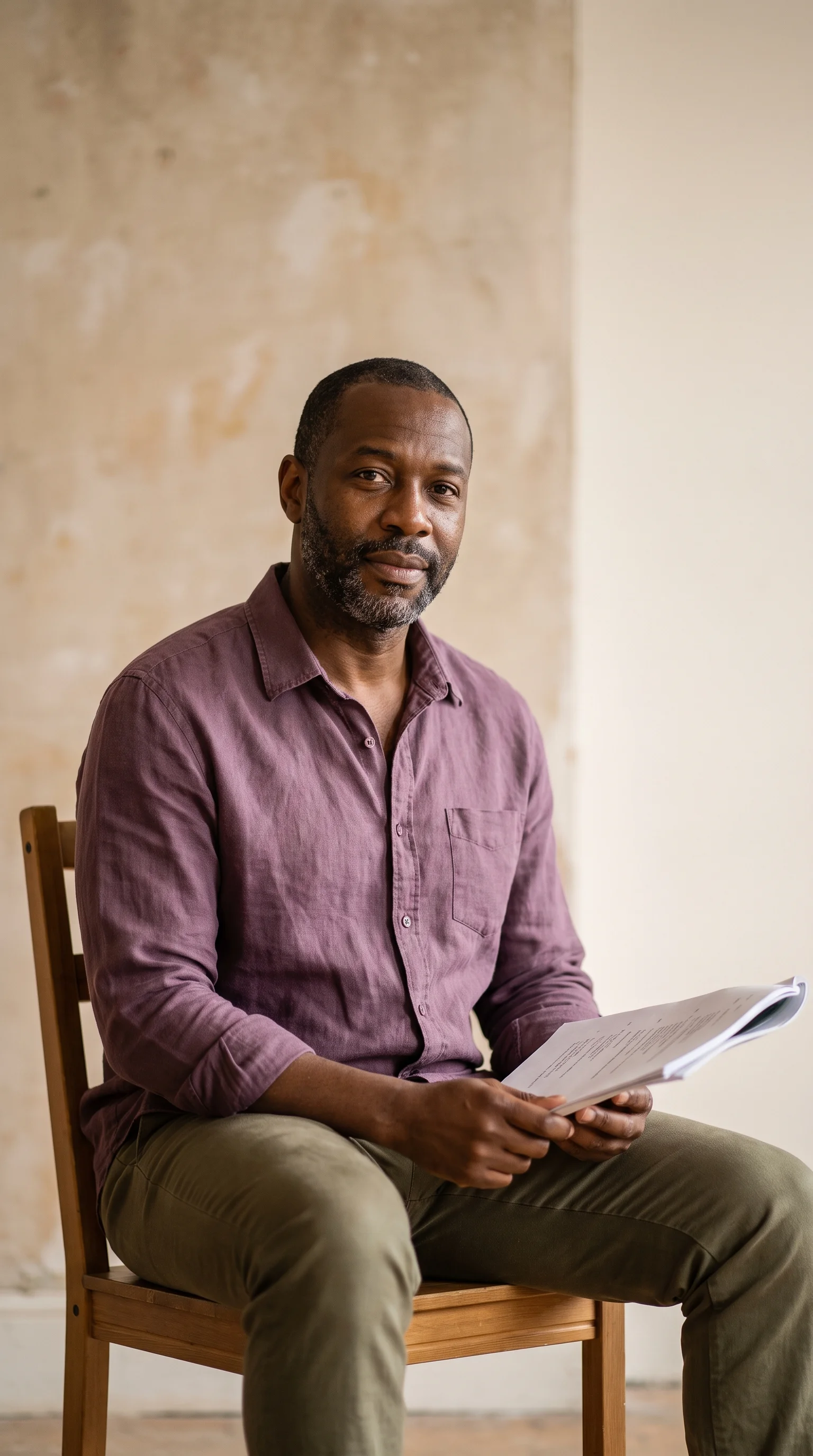 An actor sitting with a script in a rehearsal room, listening during a class