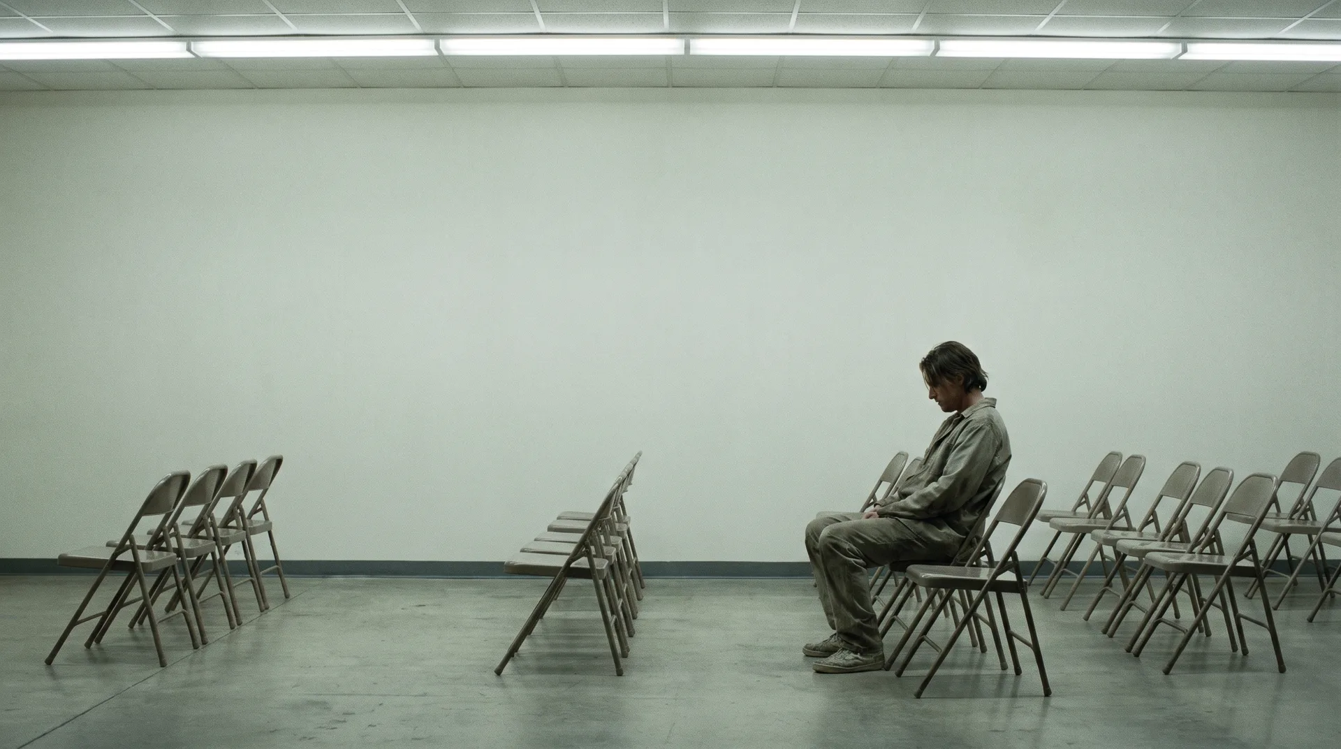 A background actor waiting alone on a folding chair in a bare holding area