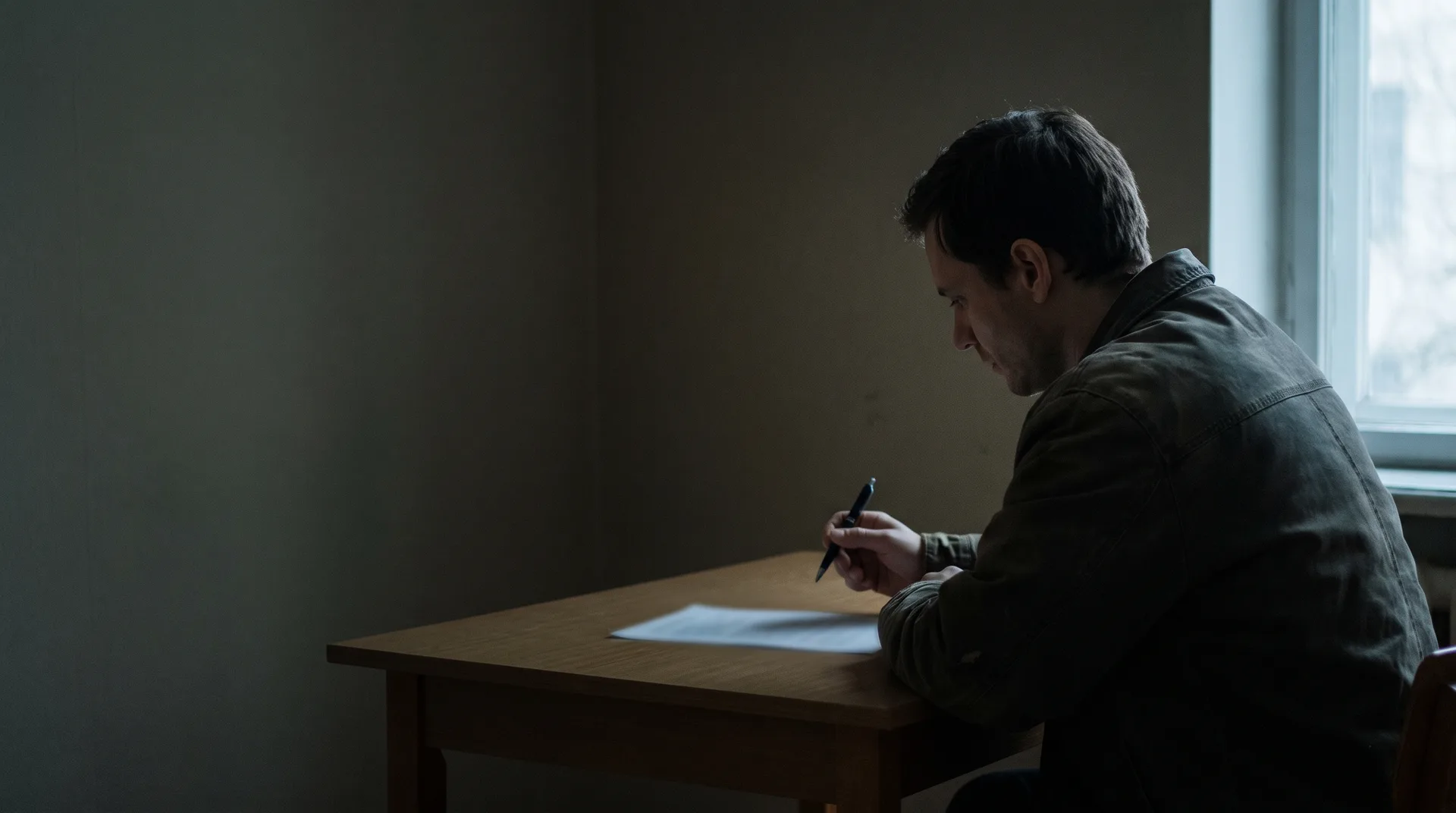 An actor sitting at a table with a pen held above a single unsigned page