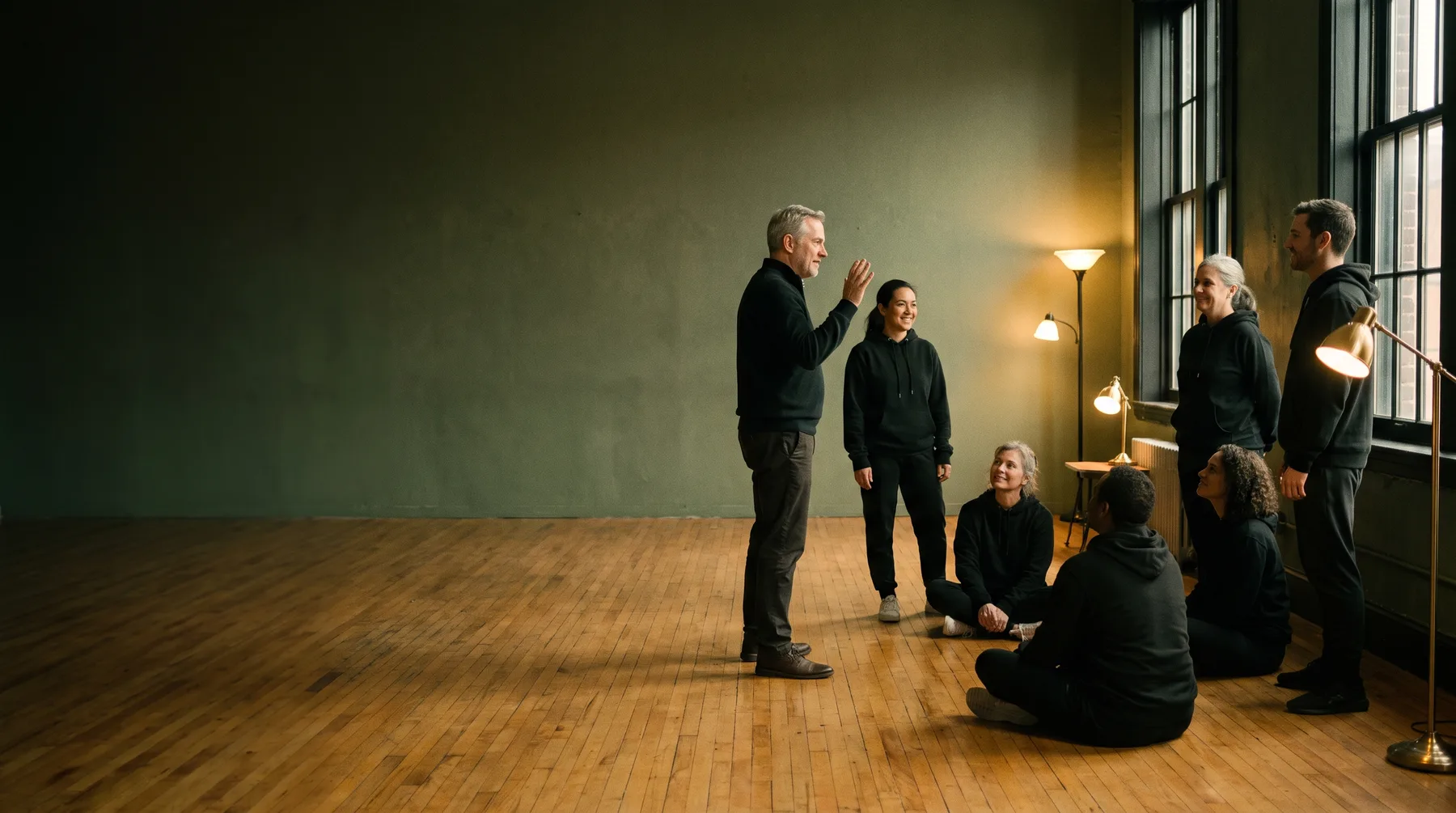 An acting coach working with a group of adult actors