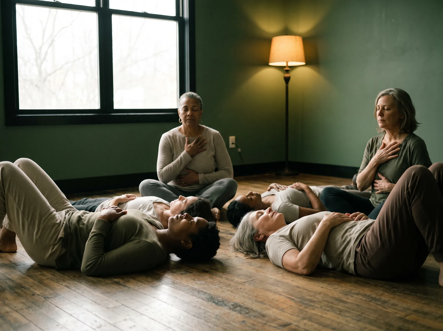 Adult actors practicing breath and concentration