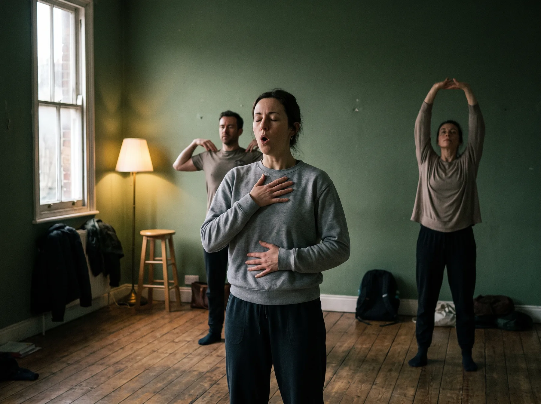 Actors developing breath, voice, and physical awareness