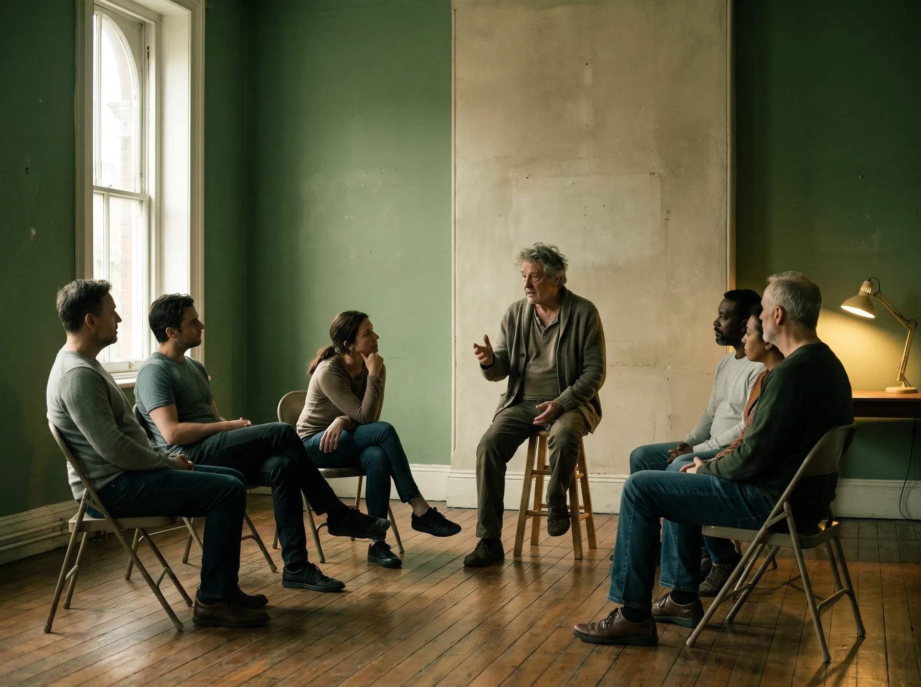 Adult actors exploring different approaches to scene work