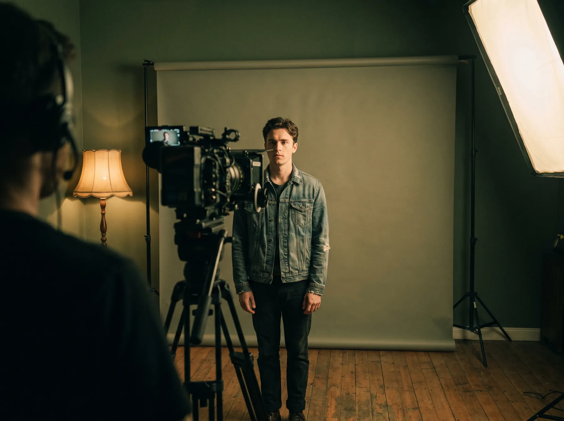 An actor recording an on-camera audition in a studio