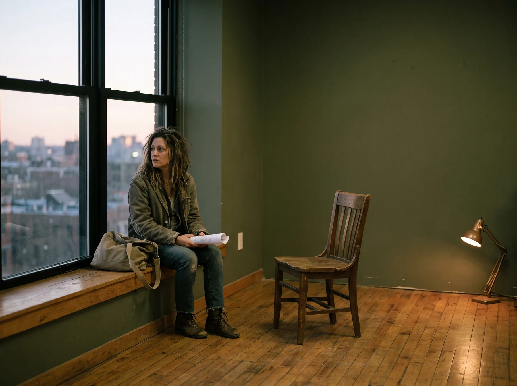 An actor pausing at a studio window at the end of a working day