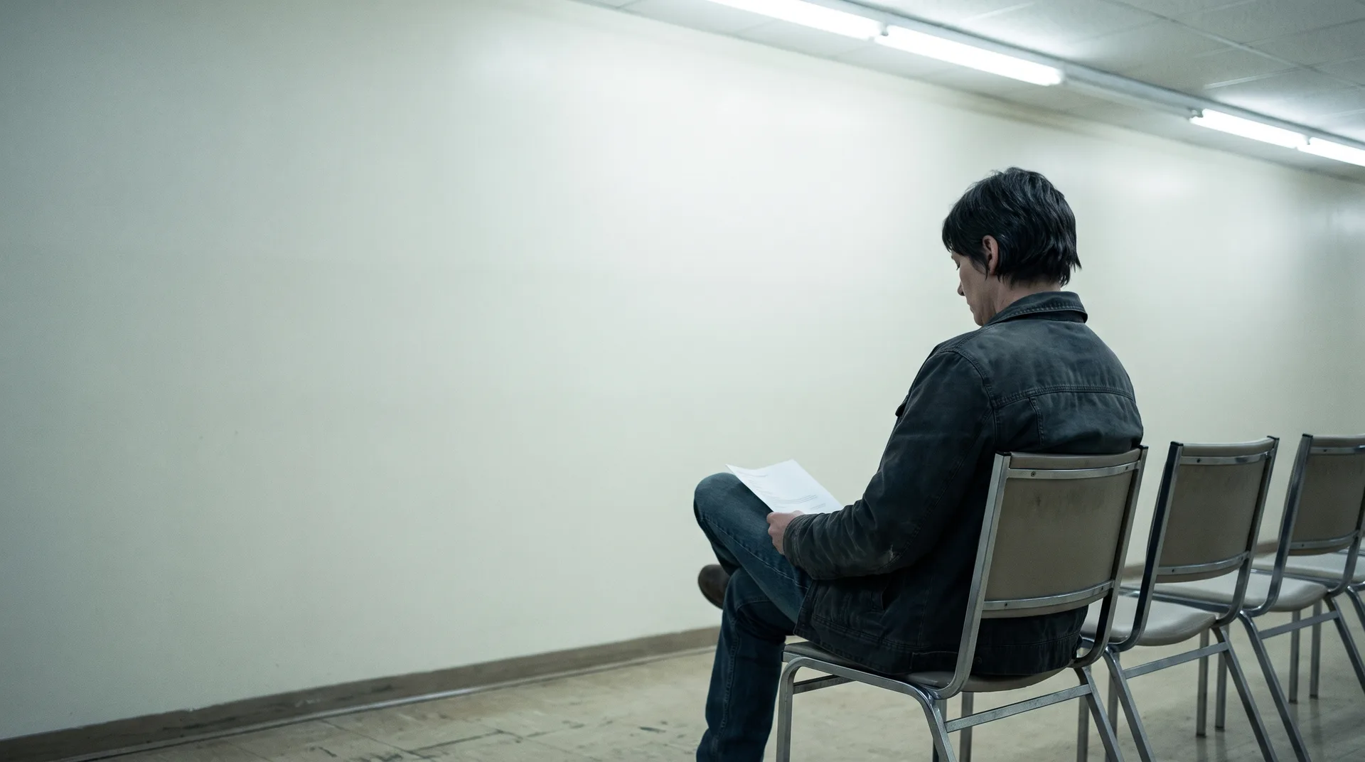 An actor waiting alone on a row of chairs in a bare commercial casting corridor