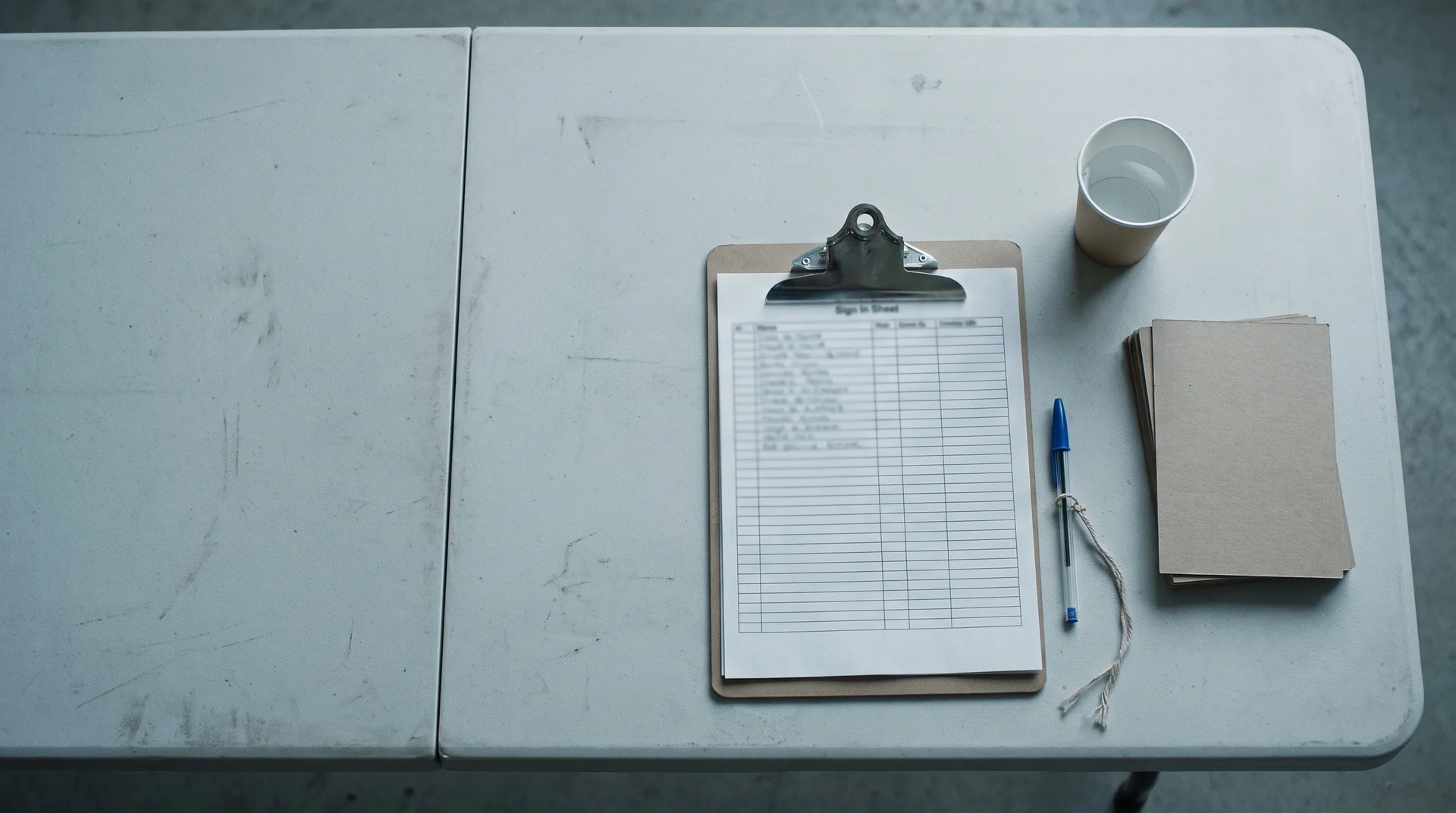 A casting sign-in table with a clipboard, a pen on a string and a stack of blank cards
