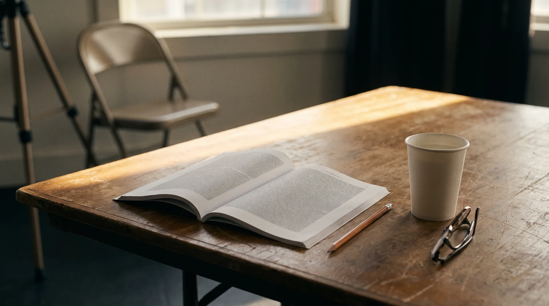 An open playscript and a pencil on a table in an empty audition room