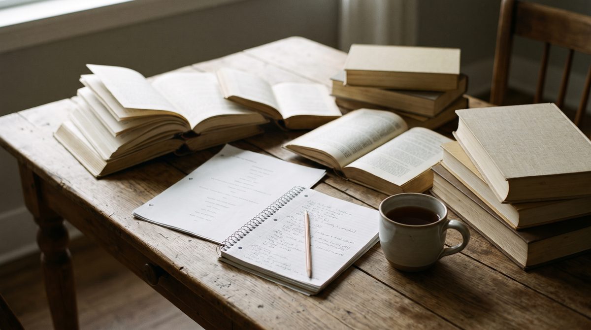 A table covered with open reference books, a script and handwritten notes