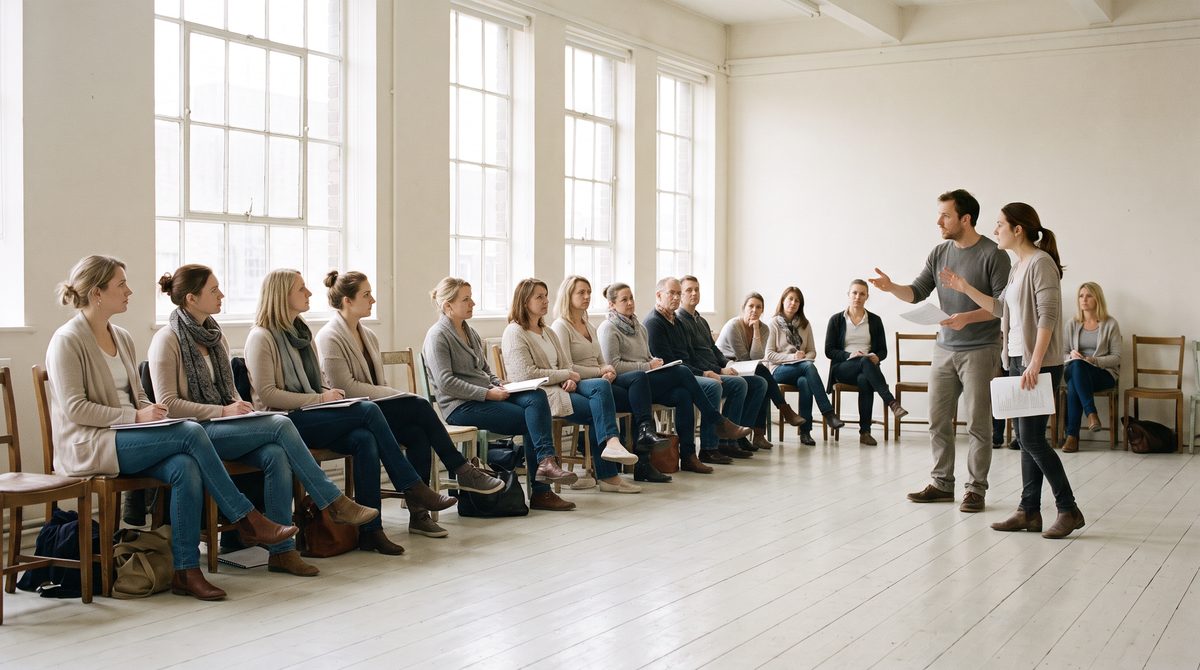 An acting class watching two students work a scene in a bright studio