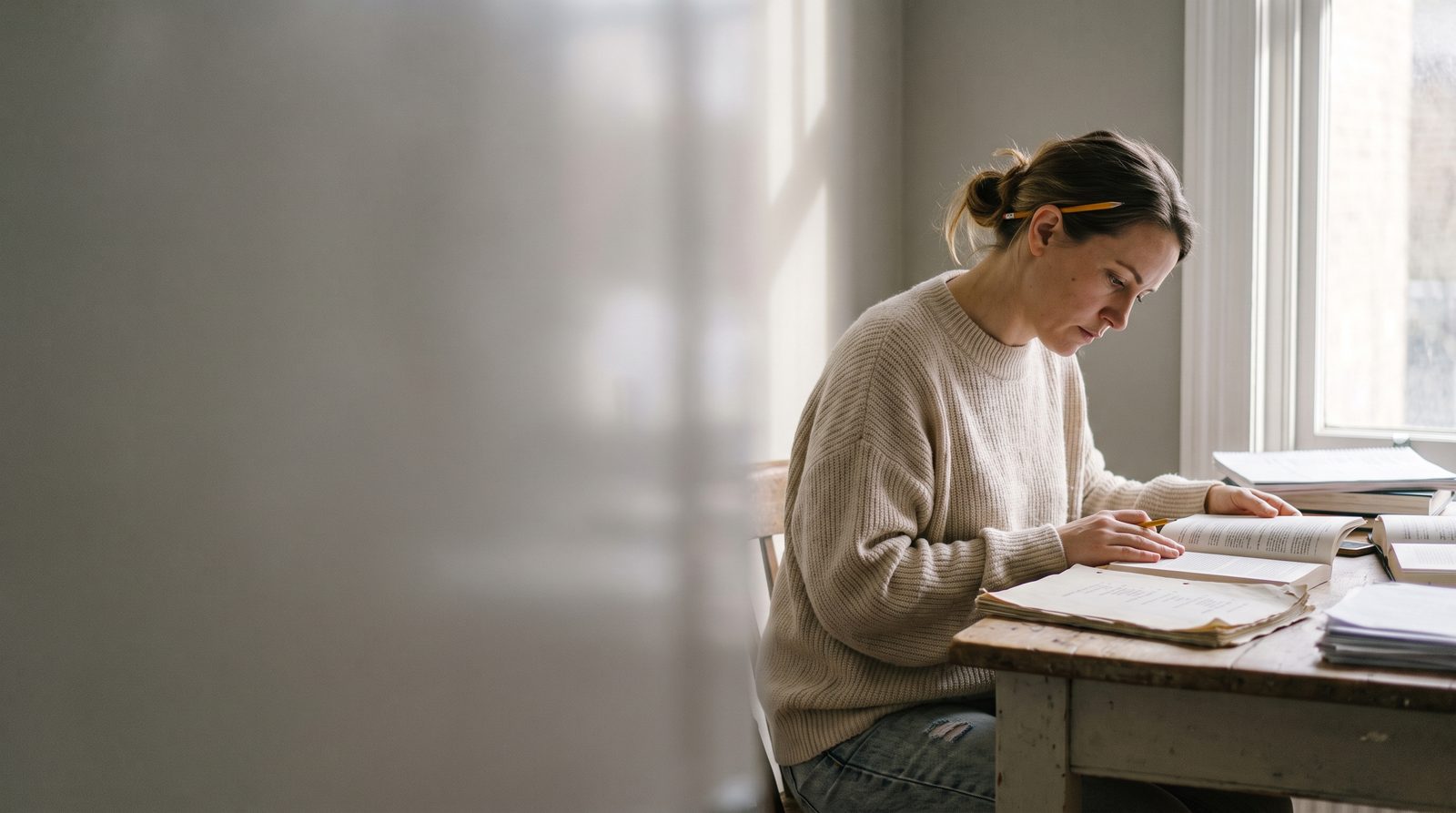 An actor sitting at a table surrounded by open books and a script, researching a part