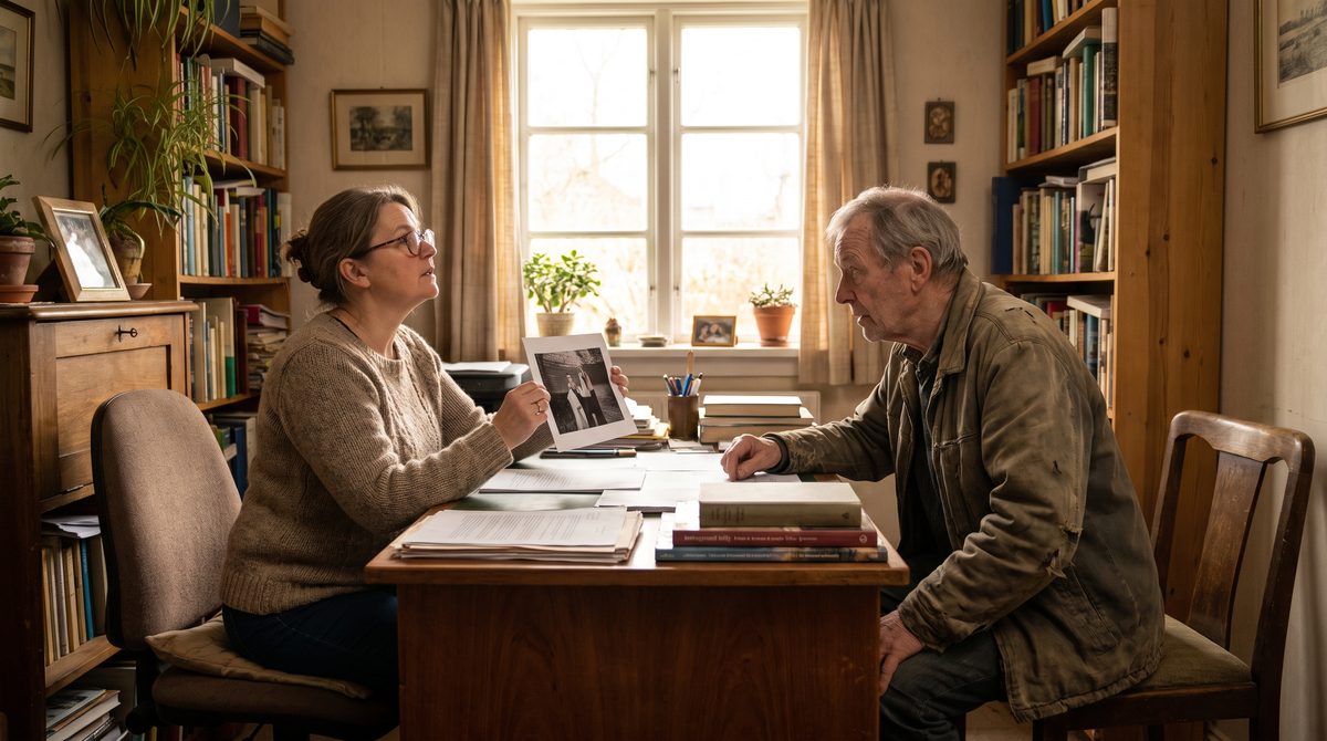 A casting director at a desk comparing a printed headshot with a person sitting opposite