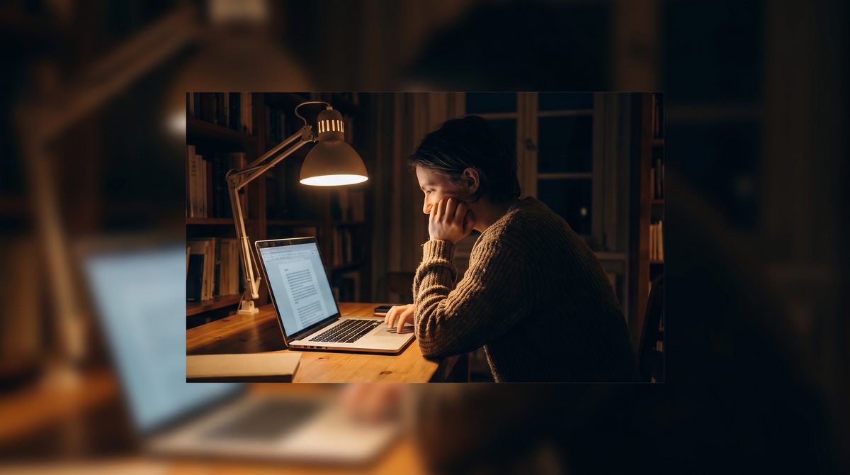 A person reading a long document on a laptop screen late at night