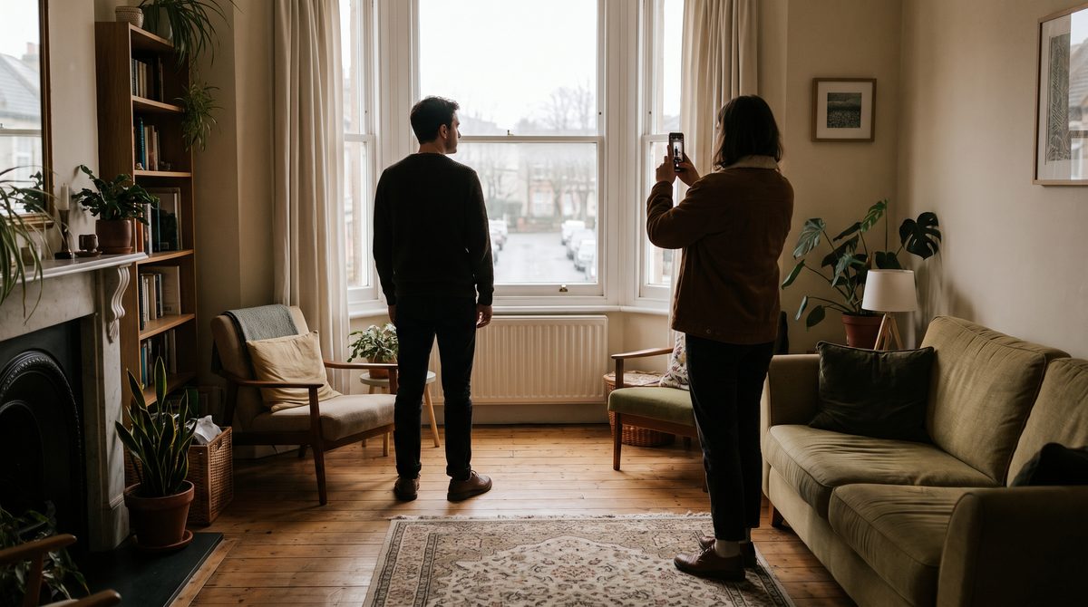 A person standing facing a large window while a friend photographs them with a phone from a few feet back