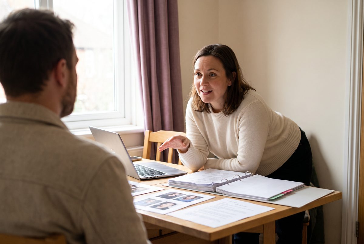 A casting director leaning forward to give a note across a small table